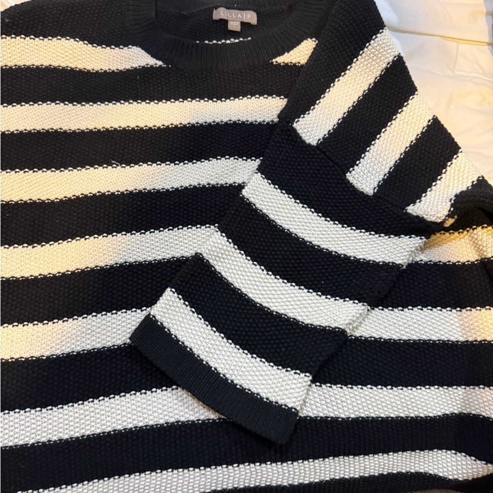 Lilla P Black and Cream Striped Knit Sweater